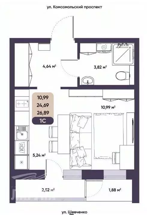 1-к кв. Томская область, Томск Енисейская ул., 35А (26.89 м) - Фото 2