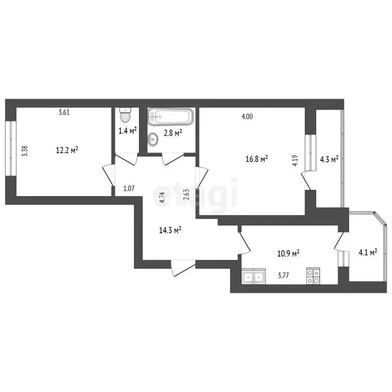 2-комнатная квартира: Тюмень, улица Василия Гольцова, 2 (59 м) - Фото 1