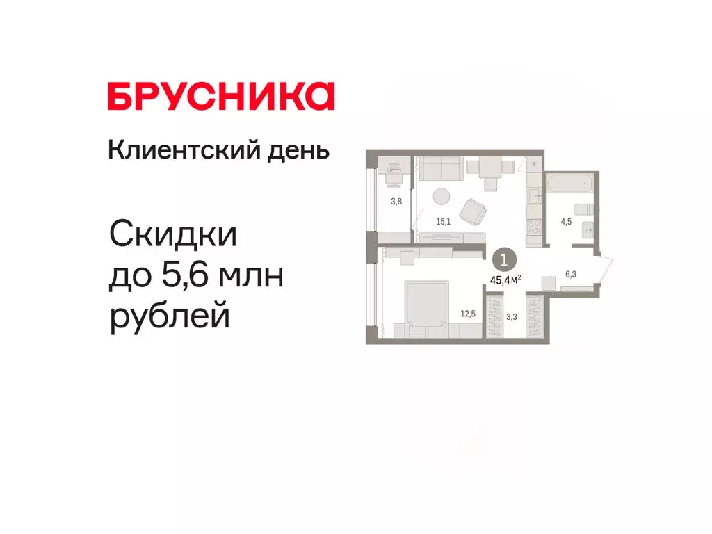 1-комнатная квартира: Тюмень, Краснооктябрьская улица, 4 (45.41 м) - Фото 0