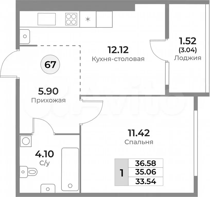 1-к. квартира, 36,6 м, 7/10 эт. - Фото 1