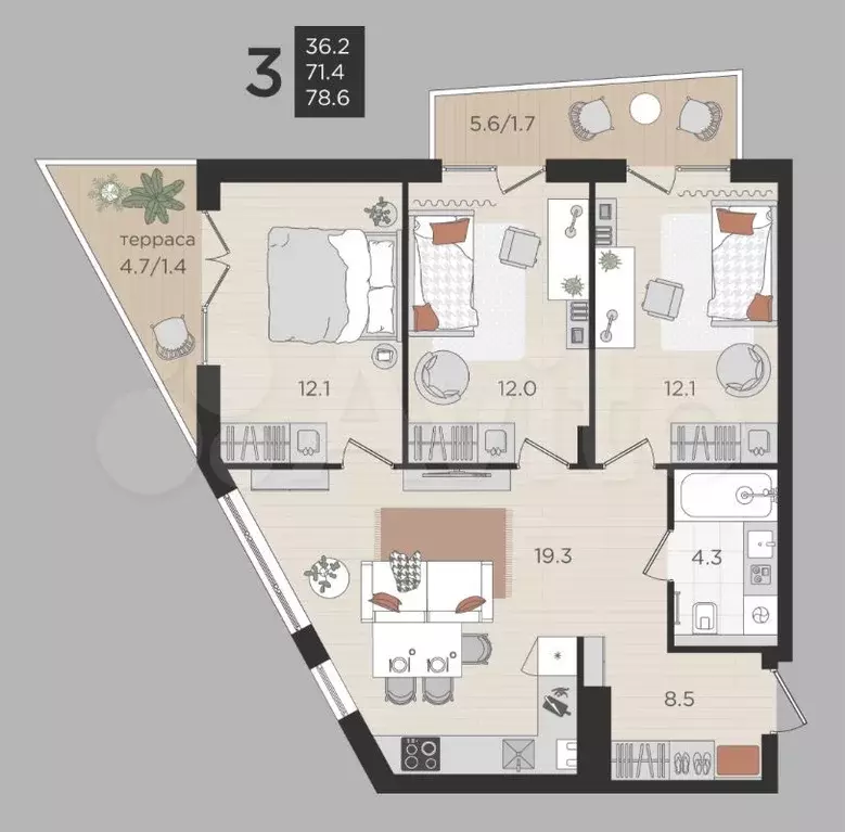 3-к. квартира, 72 м, 2/4 эт. - Фото 1