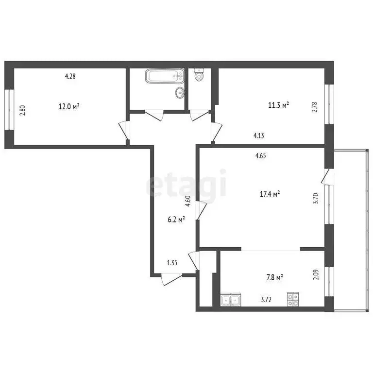 3-комнатная квартира: Тюмень, Депутатская улица, 119 (65.3 м) - Фото 1