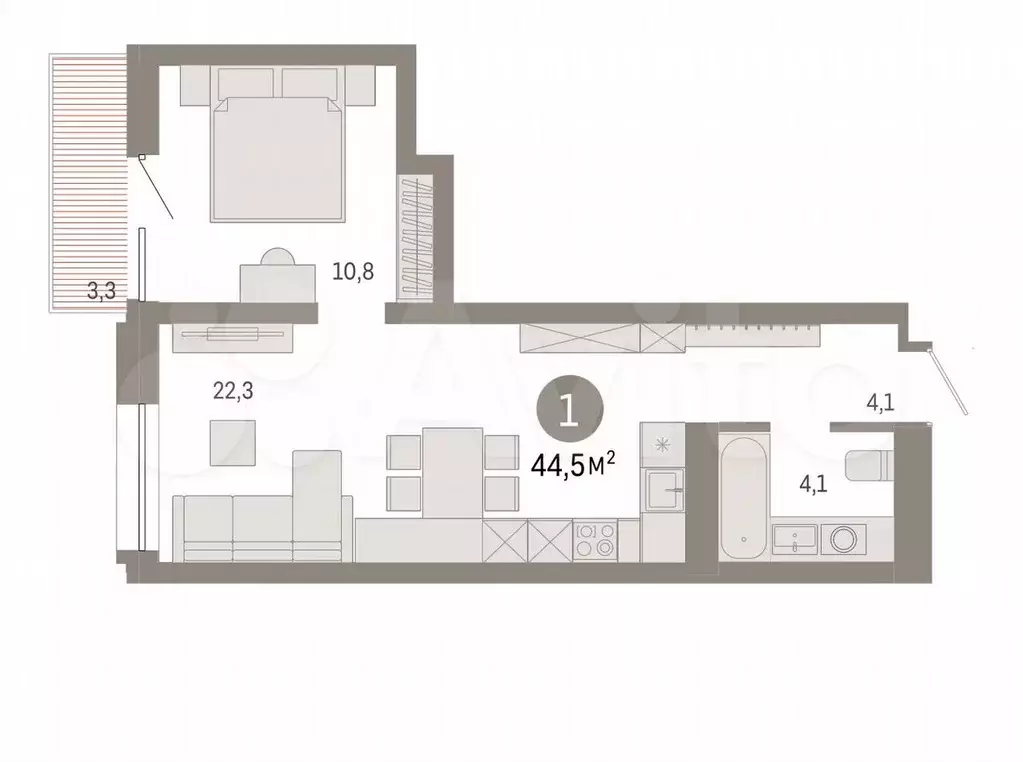 1-к. квартира, 44,5 м, 6/8 эт. - Фото 0
