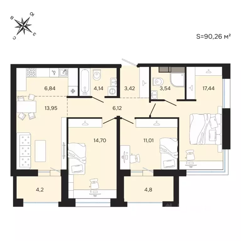 4-к кв. Карелия, Петрозаводск Береговая ул. (90.26 м) - Фото 1