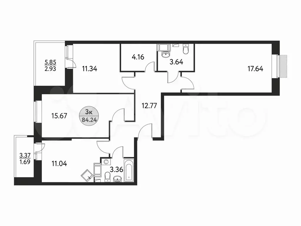 3-к. квартира, 84,2 м, 5/17 эт. - Фото 0