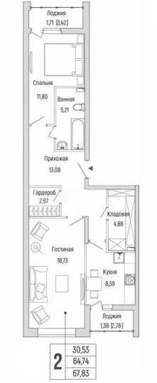 2-к. квартира, 67,8м, 1/9эт. - Фото 1