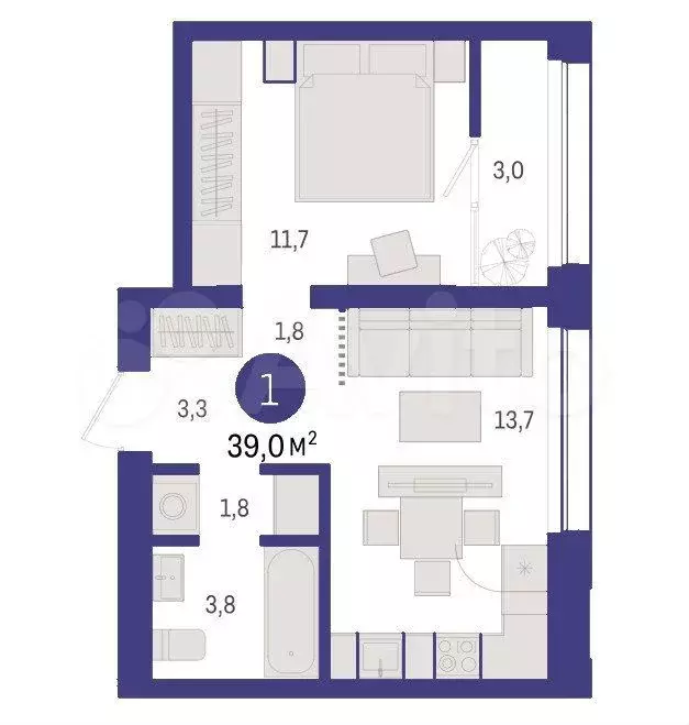 1-к. квартира, 39 м, 7/9 эт. - Фото 1