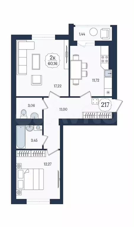 2-к. квартира, 60,2 м, 7/9 эт. - Фото 1
