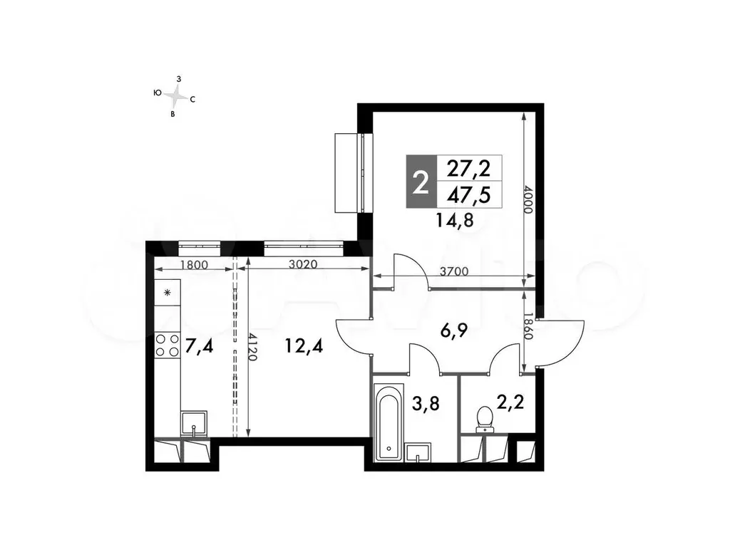 2-к. квартира, 47,5 м, 5/16 эт. - Фото 0