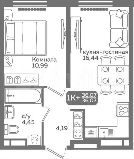 1-к. квартира, 36,1 м, 10/21 эт. - Фото 0