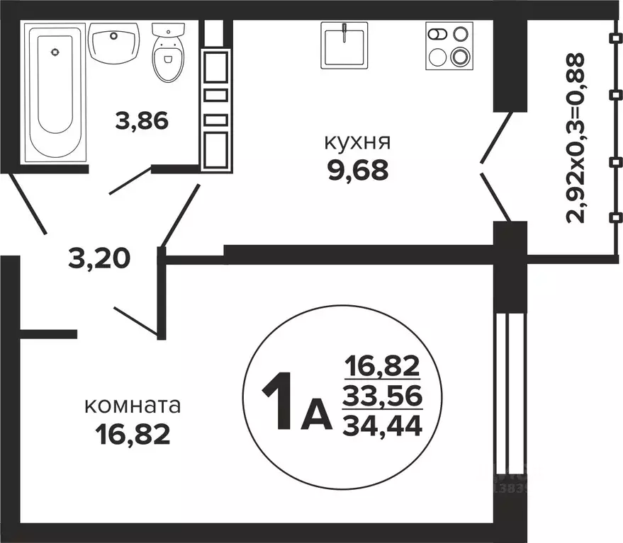 1-к кв. Краснодарский край, Краснодар Российская ул., 257/7 (34.44 м) - Фото 0