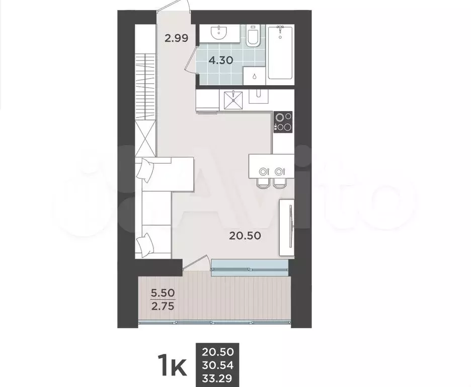 Квартира-студия, 30,5 м, 5/9 эт. - Фото 1