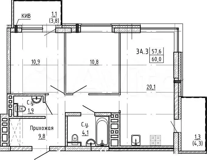 3-к. квартира, 60 м, 8/23 эт. - Фото 0