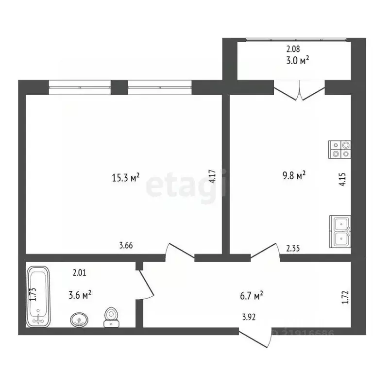 1-к кв. Калининградская область, Гурьевск ул. Каштановая, 13 (35.4 м) - Фото 2