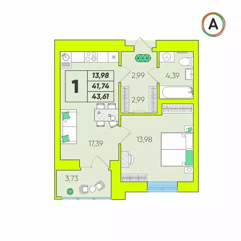 1-к кв. Калужская область, Калуга Зеленый жилой комплекс (43.61 м) - Фото 1
