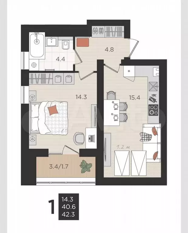 1-к. квартира, 40,6 м, 4/4 эт. - Фото 1