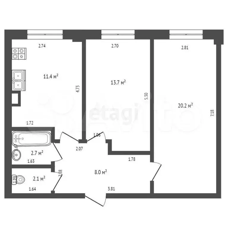 2-к. квартира, 58 м, 1/3 эт. - Фото 1