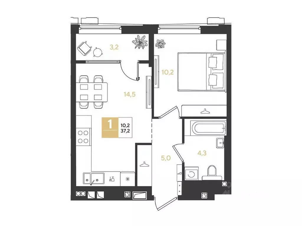 1-к кв. Краснодарский край, Краснодар Самолет кв-л,  (37.2 м) - Фото 1