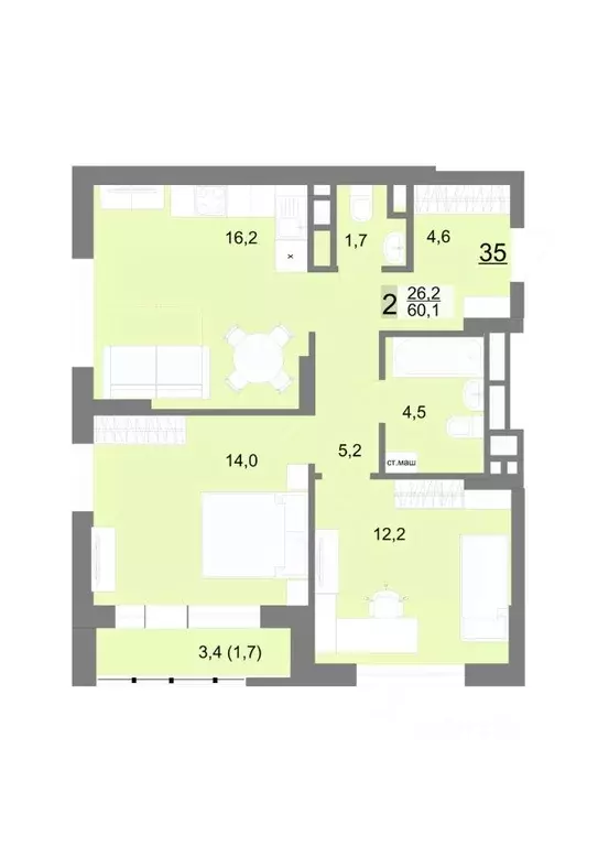 2-к кв. Свердловская область, Екатеринбург ул. Шаумяна, 77 (60.1 м) - Фото 1