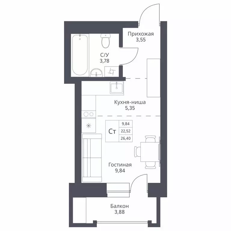 Квартира-студия: Новосибирск, улица Дуси Ковальчук, 246 (26.4 м) - Фото 0