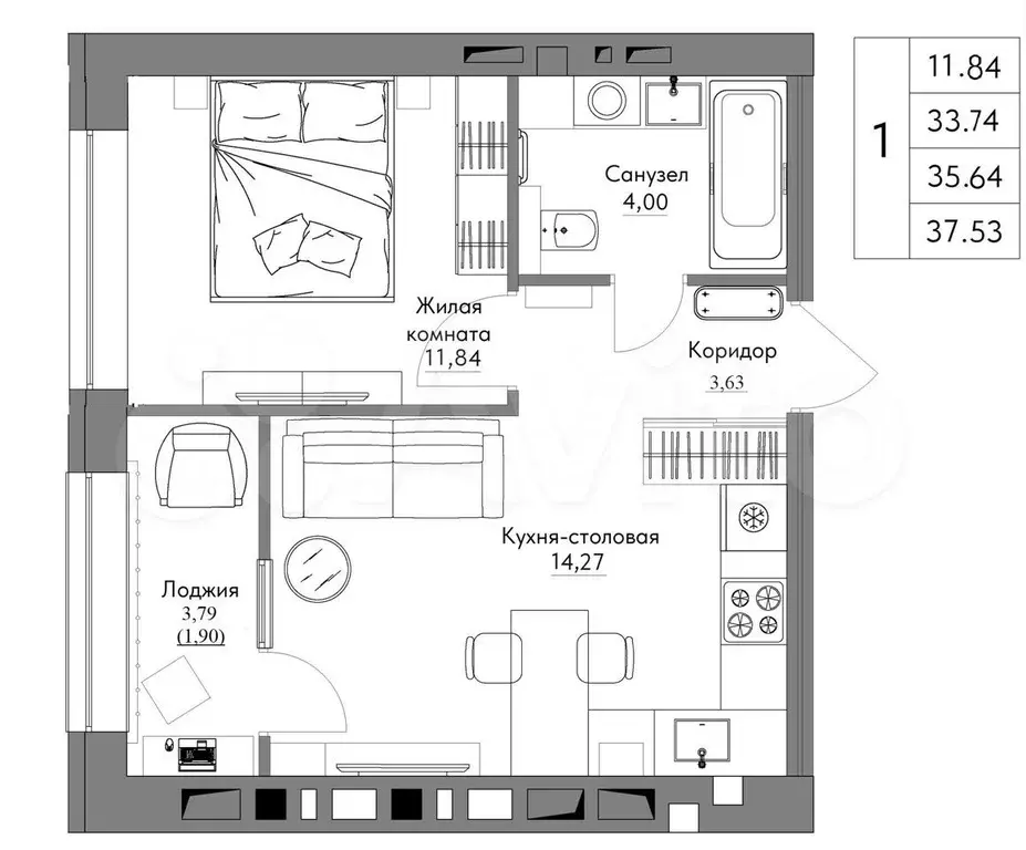 1-к. квартира, 37,5 м, 6/8 эт. - Фото 0