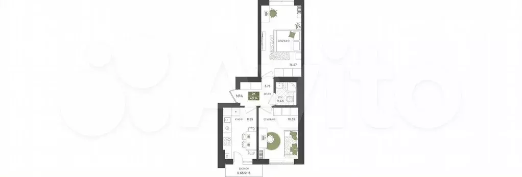 2-к. квартира, 40,1 м, 1/5 эт. - Фото 1