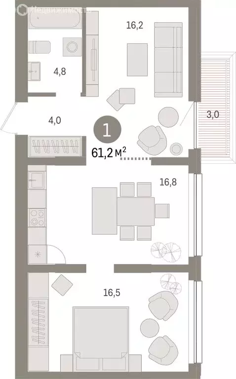 1-комнатная квартира: Тюмень, Мысовская улица, 26к1 (61.16 м) - Фото 1