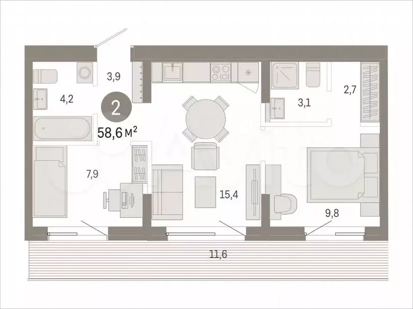 2-к. квартира, 58,6 м, 7/9 эт. - Фото 1