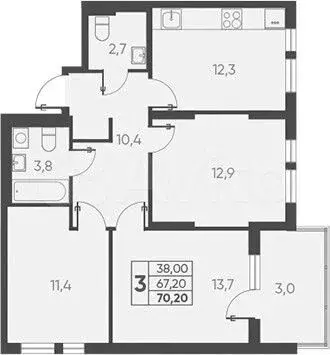 3-к. квартира, 70,2 м, 9/15 эт. - Фото 1