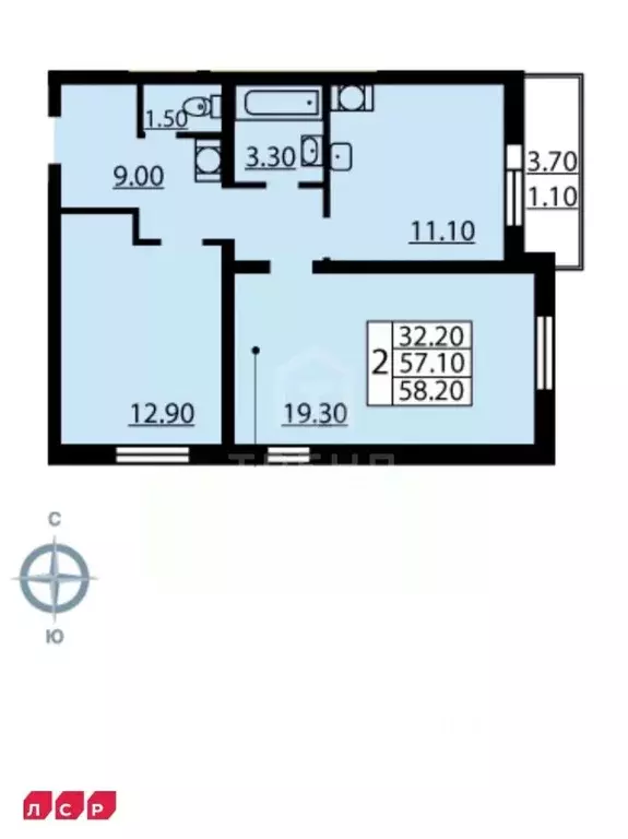 2-к кв. Санкт-Петербург ул. Корнея Чуковского, 3к2 (58.2 м) - Фото 1