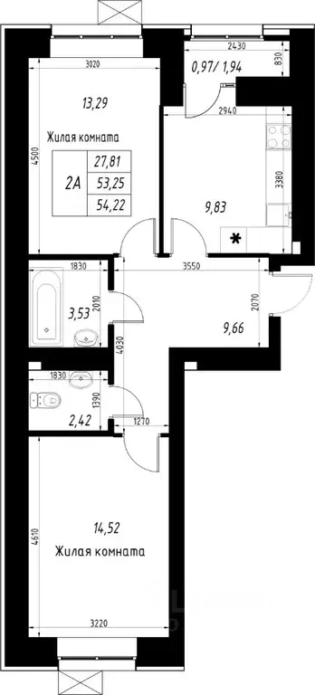 2-к кв. Татарстан, Казань Династия жилой комплекс (54.22 м) - Фото 1