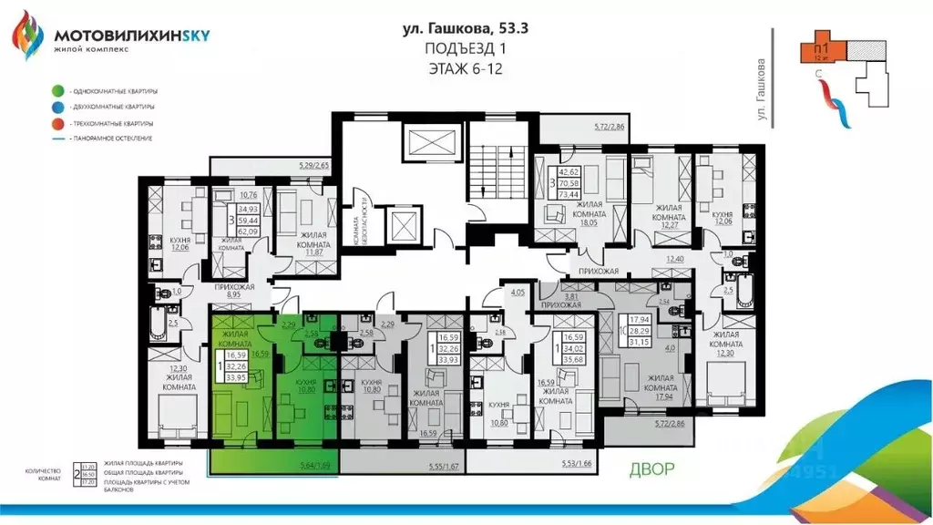 1-к кв. Пермский край, Пермь ул. Гашкова, 53к3 (33.95 м) - Фото 1