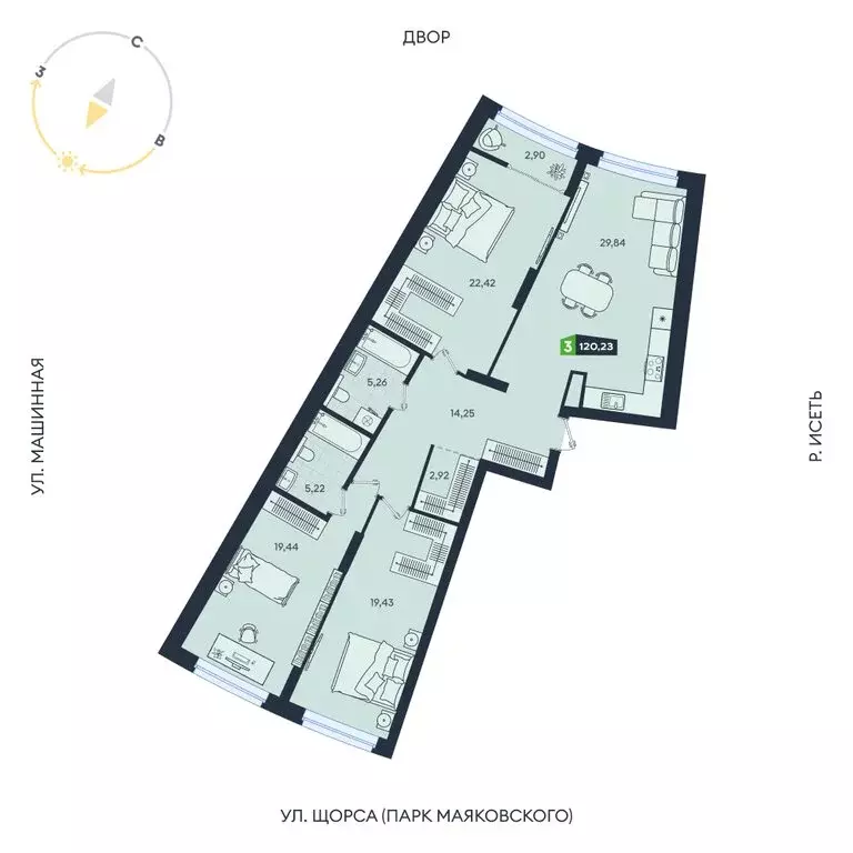3-комнатная квартира: Екатеринбург, Машинная улица, 1В/4 (120.23 м) - Фото 1