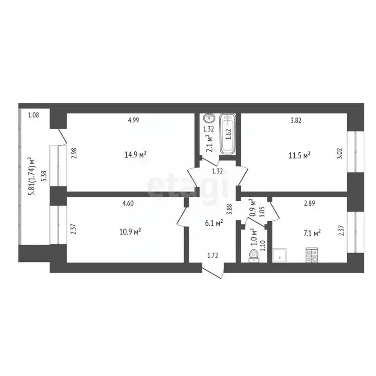 3-к кв. Ханты-Мансийский АО, Ханты-Мансийск ул. Мира, 72 (54.5 м) - Фото 2