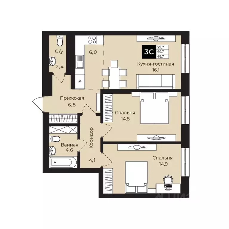 2-к кв. Башкортостан, Уфа ул. Ленина, 192 (69.7 м) - Фото 1