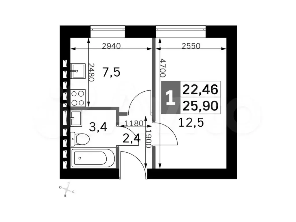 1-к. квартира, 27,9м, 4/4эт. - Фото 0