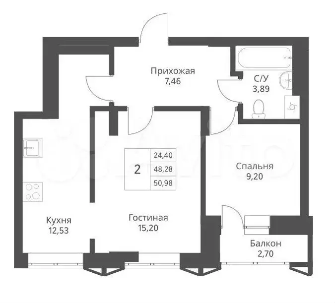 2-к. квартира, 51 м, 7/24 эт. - Фото 0