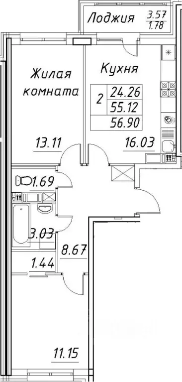 2-к кв. Санкт-Петербург просп. Авиаконструкторов, 54 (54.6 м) - Фото 2
