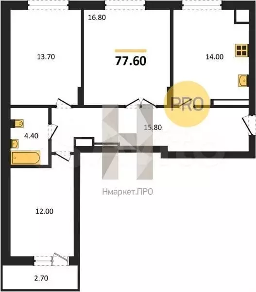 3-к. квартира, 77,6 м, 3/8 эт. - Фото 1