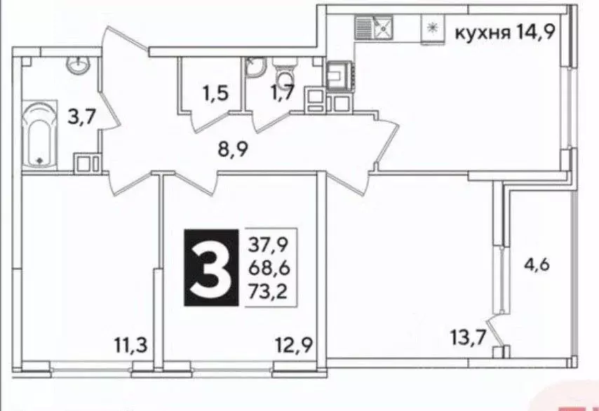3-к кв. Краснодарский край, Краснодар Самолет кв-л,  (73.0 м) - Фото 1