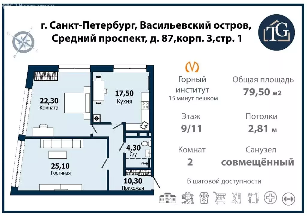 2-комнатная квартира: Санкт-Петербург, Средний проспект Васильевского ... - Фото 1