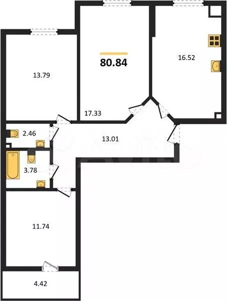 3-к. квартира, 80,8 м, 1/9 эт. - Фото 1