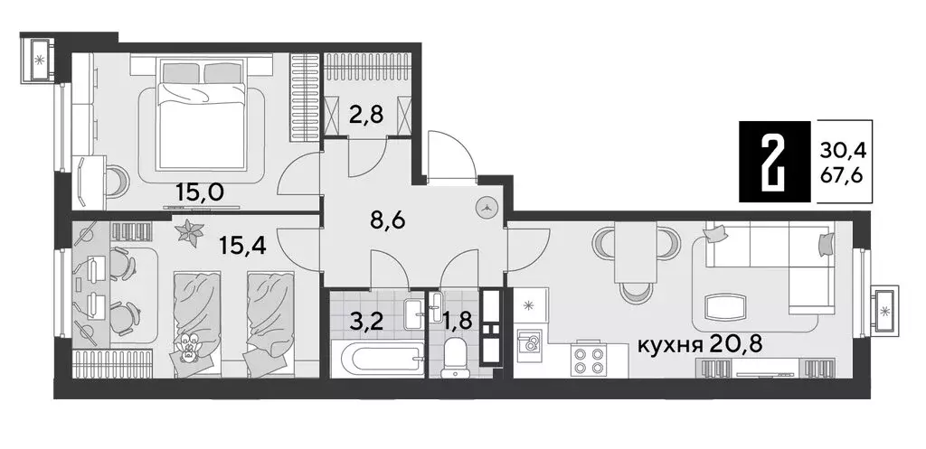 2-комнатная квартира: Краснодар, микрорайон Парк Победы (67.6 м) - Фото 1