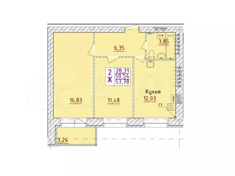 2-к. квартира, 53,8 м, 2/6 эт. - Фото 1