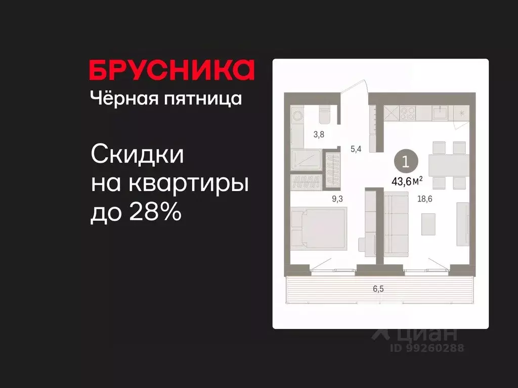 1-к кв. Свердловская область, Екатеринбург пер. Торфяной, 4 (43.6 м) - Фото 1