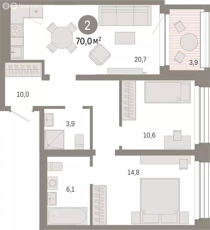 2-комнатная квартира: Тюмень, улица Муравленко, 9/2 (69.99 м) - Фото 1
