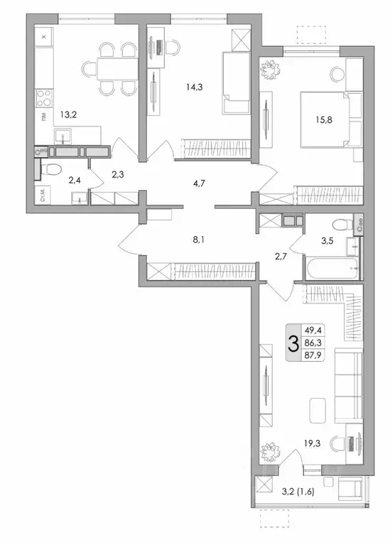 3-к кв. воронежская область, воронеж ул. шишкова, 140б/16 (87.9 м) - Фото 0