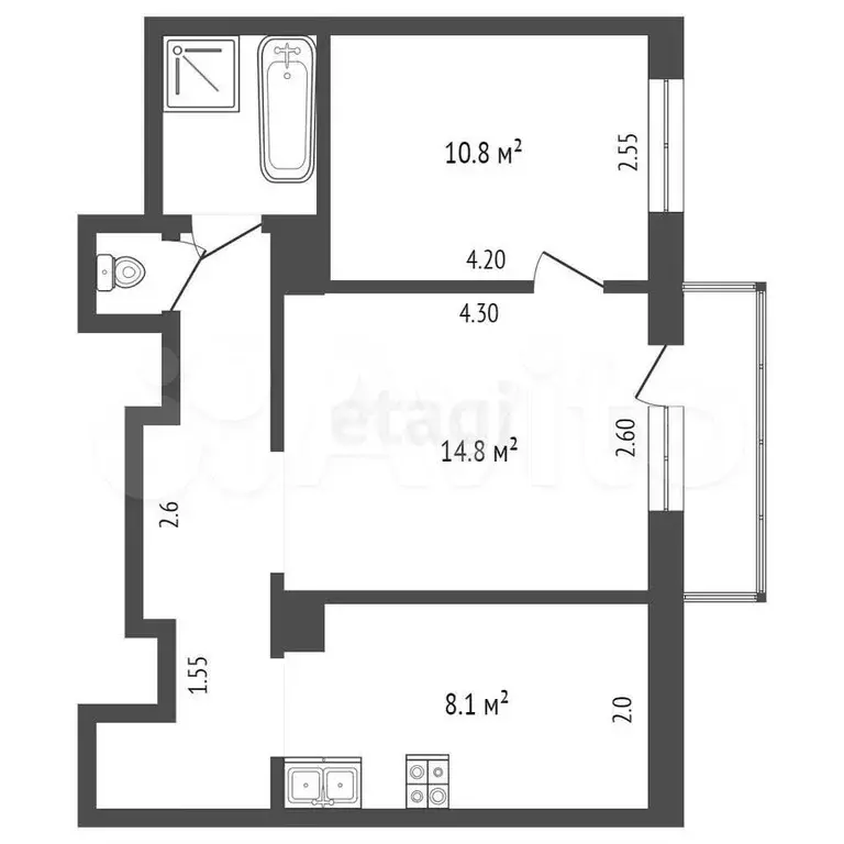 2-к. квартира, 46 м, 4/4 эт. - Фото 1