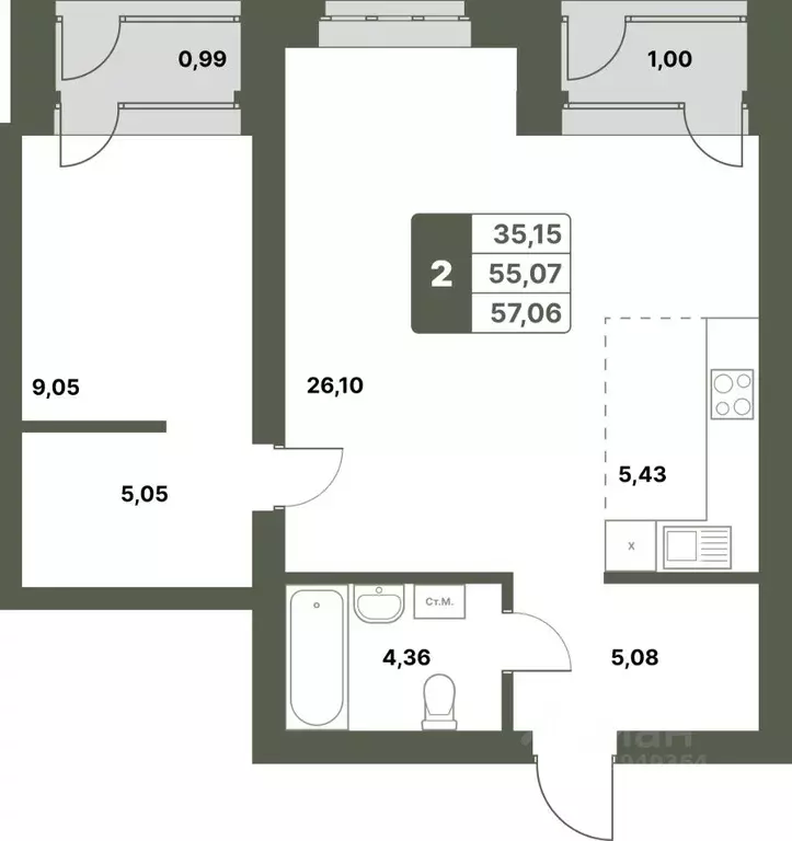 2-к кв. Башкортостан, Уфимский район, с. Миловка  (57.06 м) - Фото 1