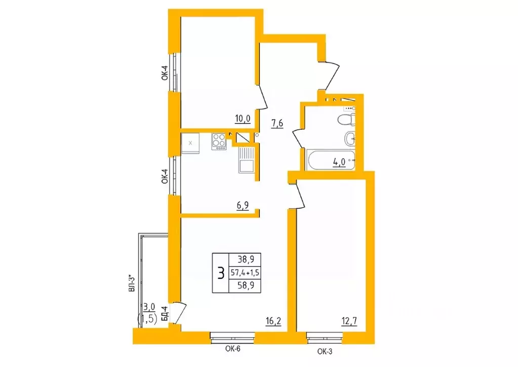 3-к кв. Башкортостан, Уфа Инорс-4Б мкр, Акварель жилой комплекс (58.8 ... - Фото 1